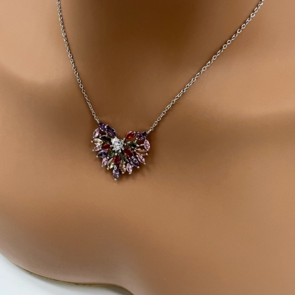 Colorful CZ Silver Heart Necklace - Picture 2 of 4